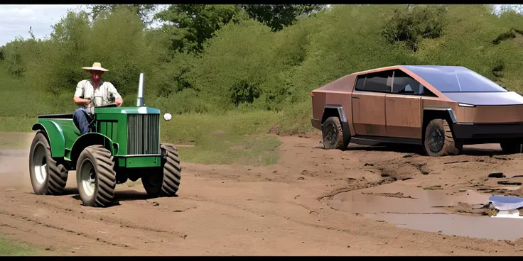 photo of a farmer driving green antique farm tractor driving past rusty tesla cybertruck stuck in a mud puddle <lora:Tesla Cybertruck:.8>