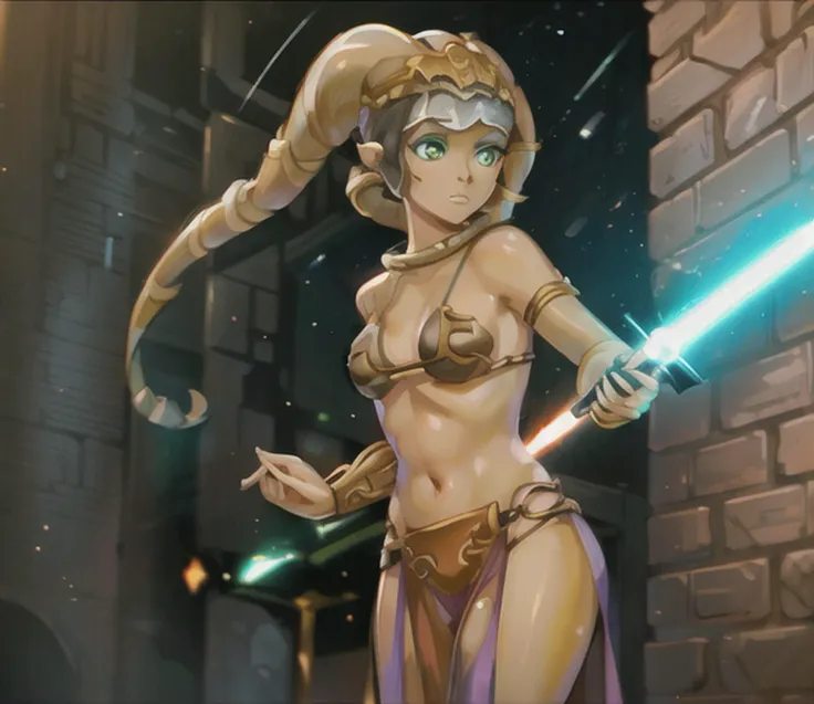 1girl, twilek, green eyes, (orange skinned),  medium breasts, slavekini, pelvic curtain,  looking at viewer, standing, auction block, defiant, lightsaber