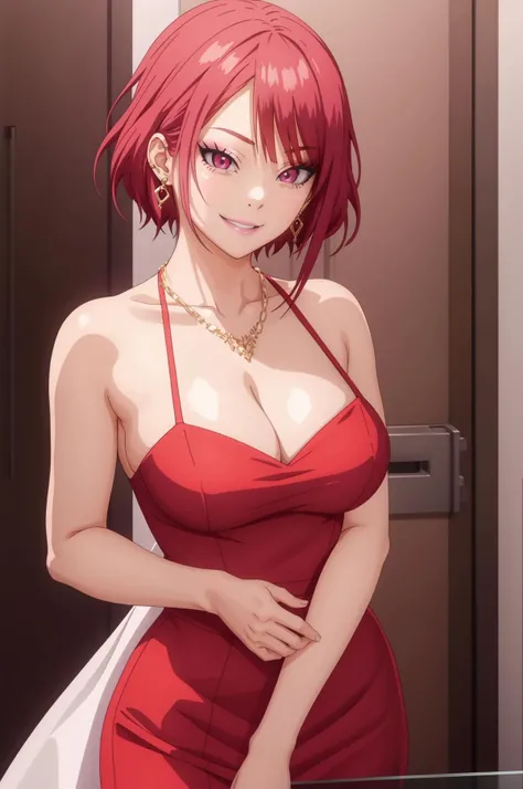 (masterpiece, high quality), <lora:Miho TsujinakaLR3:.8>, fw.tsujinaka, looking at viewer, evil smile, parted lips, cleavage, red dress, earrings, necklace