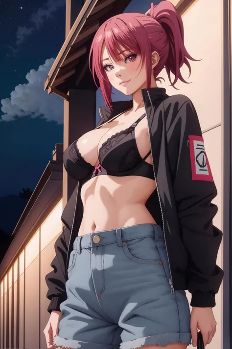 (masterpiece, high quality), <lora:Miho TsujinakaLR3:.8>, fw.tsujinaka, standing, ponytail, cowboy shot, outdoors, night, looking at viewer, solo, smug, clothes pull, breasts, visible bra, closed jacket