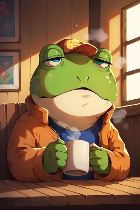 score_9, score_8_up, score_7_up, <lora:Slippy_Toad:1> slippy toad, groggy, tired, explressionless, half-closed eyes, holding coffee mug, steam, unshaven, indoors, intricate details