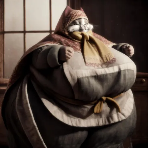 <lora:Grammeowster Chef:0.7> anatomically correct, masterpiece, best high quality, ultra details, realistic, RAW Photo, perfect anatomy, 4k, 8k, quality lighting, detailed hands, detailed eyes, obese, elderly, female, cat, thick coat, apron, headscarf, neck scarf, glasses, massive thighs, massive hips, massive sagging breasts <lora:BGV5EX:1> <lora:add_detail:1>