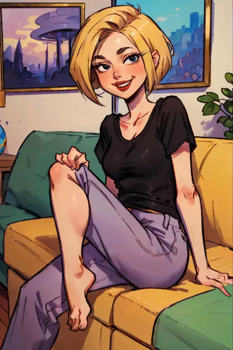 Nazz, short blonde hair, red lipstick, black eyes, white tank top, black undershirt, short sleeves, purple pants, loose clothes, looking at viewer, smiling, teeth, sitting, on sofa, legs crossed, inside cozy living room, framed painting, high quality, masterpiece, <lora:Nazz:.8>