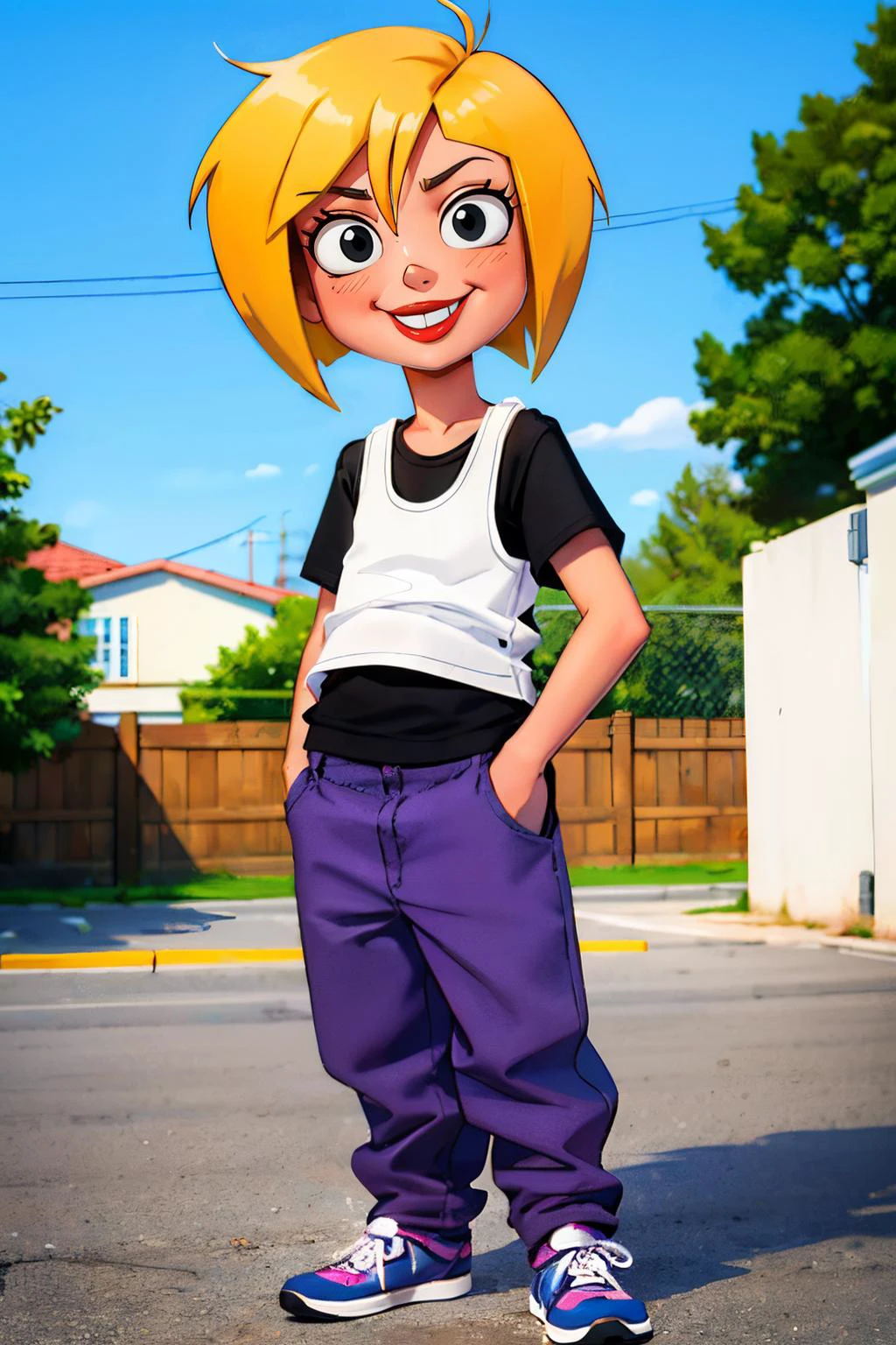 Nazz, short blonde hair, red lipstick, black eyes, white tank top, black undershirt, short sleeves, purple pants, loose clothes, shoes, looking at viewer, smiling, full body shot, standing, outside, street, fence, blue sky, high quality, masterpiece, <lora:Nazz:.8>