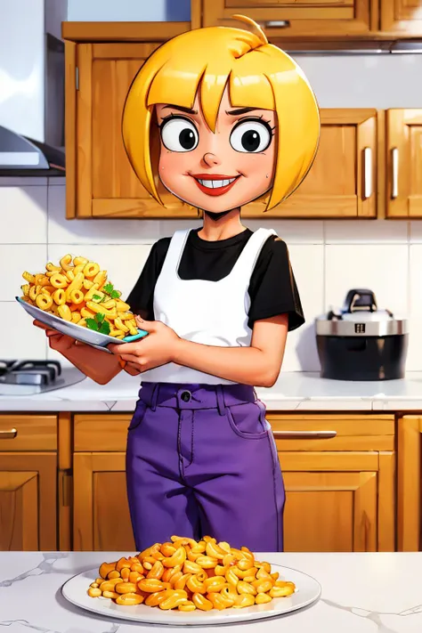 Nazz, short blonde hair, red lipstick, black eyes, white tank top, black undershirt, short sleeves, purple pants, loose clothes, looking at viewer, serious, smiling, standing, inside kitchen, holding plate of food, macaroni and cheese, counter, soft lighting, high quality, masterpiece, <lora:Nazz:.8>