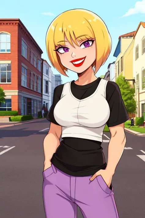 Nazz, short blonde hair, red lips, standing, hands in pockets, smiling,
NCasual black undershirt, white muscle shirt, purple pants, loose clothes,
outside, neighborhood, cartoon,
(insanely detailed, beautiful detailed face, masterpiece, best quality) <lora:Nazz:0.7>