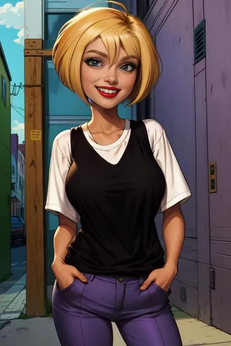 Nazz, short blonde hair, red lips, standing, hands in pockets, smiling,
NCasual black undershirt, white shirt, purple pants, loose clothes,
outside, neighborhood, cartoon,
(insanely detailed, beautiful detailed face, masterpiece, best quality) <lora:Nazz:0.7>