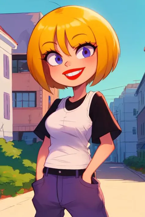 Nazz, short blonde hair, red lips, standing, hands in pockets, smiling,
NCasual black undershirt, white shirt, purple pants, loose clothes,
outside, neighborhood, cartoon,
(insanely detailed, beautiful detailed face, masterpiece, best quality) <lora:Nazz:0.7>