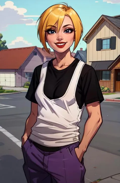 Nazz, short blonde hair, red lips, standing, hands in pockets, smiling, black eyes,
black undershirt, white tank top, purple pants, loose clothes,
outside, neighborhood,
(insanely detailed, beautiful detailed face,beautiful detailed eyes, masterpiece, best quality)
<lora:Nazz-10v7:0.8>