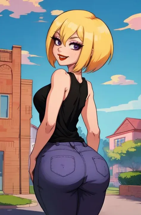 Nazz, short blonde hair, red lips,  smiling, black eyes,  looking back, 
 black undershirt, white tank top,  purple pants, loose clothes,
 outside,   park,  
standing,   from behind,  ass, 
toon \(style\), 
(insanely detailed, beautiful detailed face,beautiful detailed eyes, masterpiece, best quality) 
 <lora:Nazz-10v7:0.8>