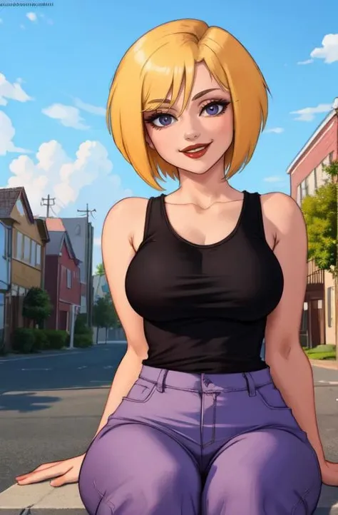 divine light,young,linkxl,thin,tall,blonde hair,pointy ears,blue eyes,black lips,eye shadow,blush,makeup,(confident and mean:1.1),smile,chest binder,luxurious necklaces,school outfit,navel,jeans,triforce purse handbag, standing, night, solo, outdoors, from below,