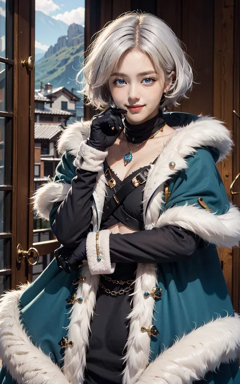 meteora osterreich,1girl, blue eyes, smile, short hair, fur trim, hood, jewelry,capelet,white hair
