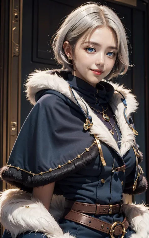 meteora osterreich,1girl, blue eyes, smile, short hair, fur trim, hood, jewelry,capelet,white hair