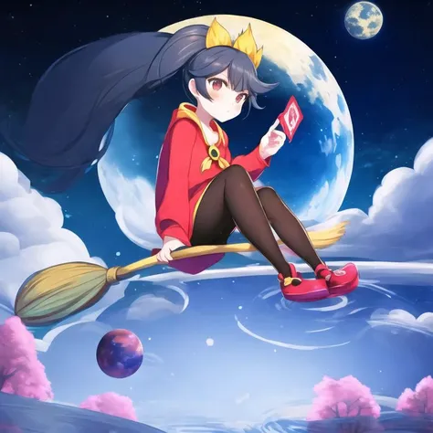 (broom stick:1.2), (invisible chair, sitting pose, floating:1.2), silhouette, shadow, trees, mansion, twintails, red eyes, ashley_warioware, red skirt jacket, <lora:AshleyWarioware:1>, <lora:siton:1.2>, night sky, moon, 1girl, solo, abstract sky, strangeness trees, reflective pool, (ripples:1.1), falling planets, stellar glyphs, black pantyhose, cape, best quality, 4k, hd, 8k, high resolution, ripples, (witch_broom:1.1), hair blow back, night_up day_down, tarot card, trees, duality, juxtaposition, (broom:1.2), clouds