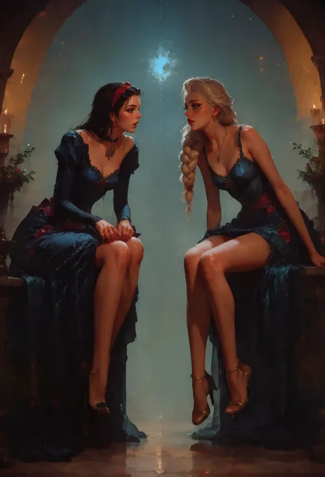 score_9, score_8_up, score_7_up, 2girls, 1girl (Snow White) and 1girl (Elsa), side view, (full bodies in view) <lora:pony/twilight_style:0.8> <lora:pony/expressiveh:0.8> expressiveh <lora:pony/vixon_gothic_oil_style:0.7> d4rk01l <lora:sdxl/sinfully_stylish_sdxl>