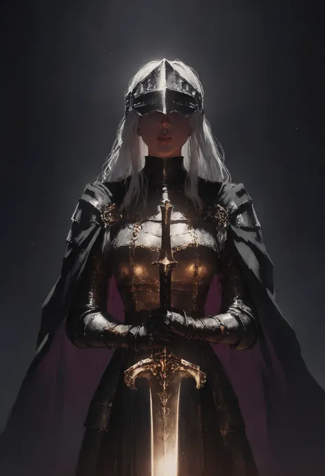 score_9, score_8_up, score_7_up,  female, dark knight, long white hair, beautiful face, bulky, heavy, visor helmet, medieval, dark theme, armor, golden sword, golden trim, black cape  <lora:pony/concept_art_ultimatum_style:0.8> <lora:sdxl/sinfully_stylish_sdxl>