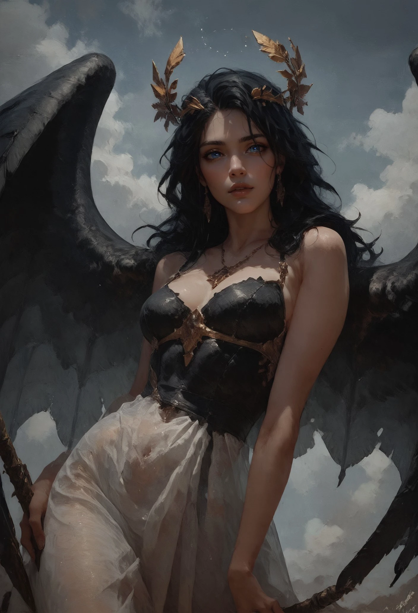 score_9, score_8_up, score_7_up, 1girl, valkyrie in gorgeous armor is holding a spear in hand, (side view, solo:1.1), standing, golden laurel wreath crown, goddess, pale skin, beautiful face, armored dress, wings, looking at viewer, cloudy sky, holy light, light from clouds, fantasy theme <lora:pony/twilight_style:0.8> <lora:pony/expressiveh:0.8> expressiveh <lora:pony/vixon_gothic_oil_style:0.6> d4rk01l <lora:sdxl/sinfully_stylish_sdxl>