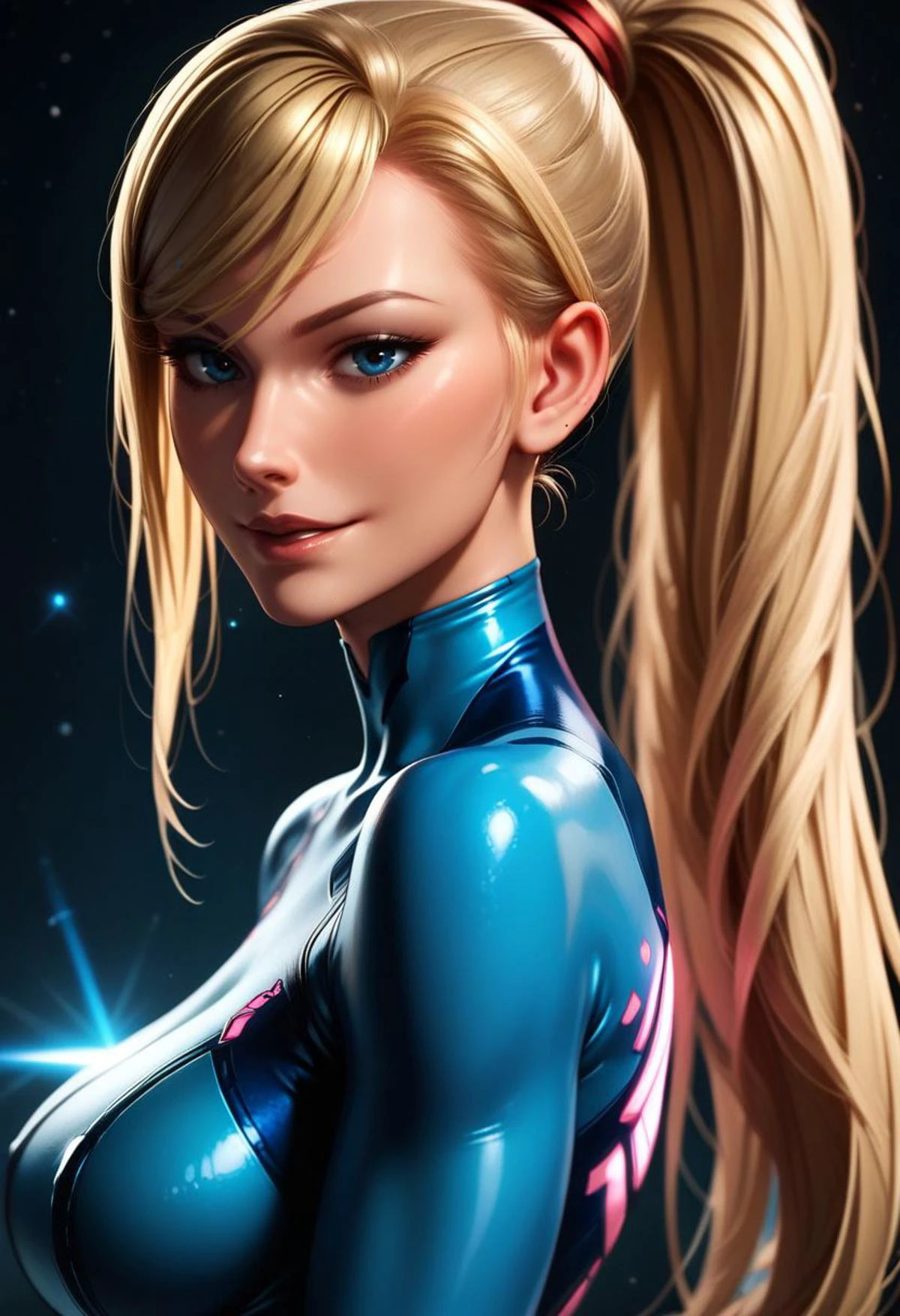 score_9, score_8_up, score_7_up
beautiful aesthetic, very intricate, high quality details
samus aran, zero suit, full bodysuit
mature female, female portrait, blue eyes, blonde hair, long high ponytail, elegant
calm expression, light smile, looking at viewer
subtle makeup, dramatic mood, side profile
cinematic lighting, serene atmosphere
space background
<lora:sinfully_stylish_PONY_0.2:0.5>
<lora:Citron3D_PDXL:0.5>
<lora:DandonFuga_Style_-_Pony:0.5>
<lora:Expressive_H:0.8> Expressiveh
