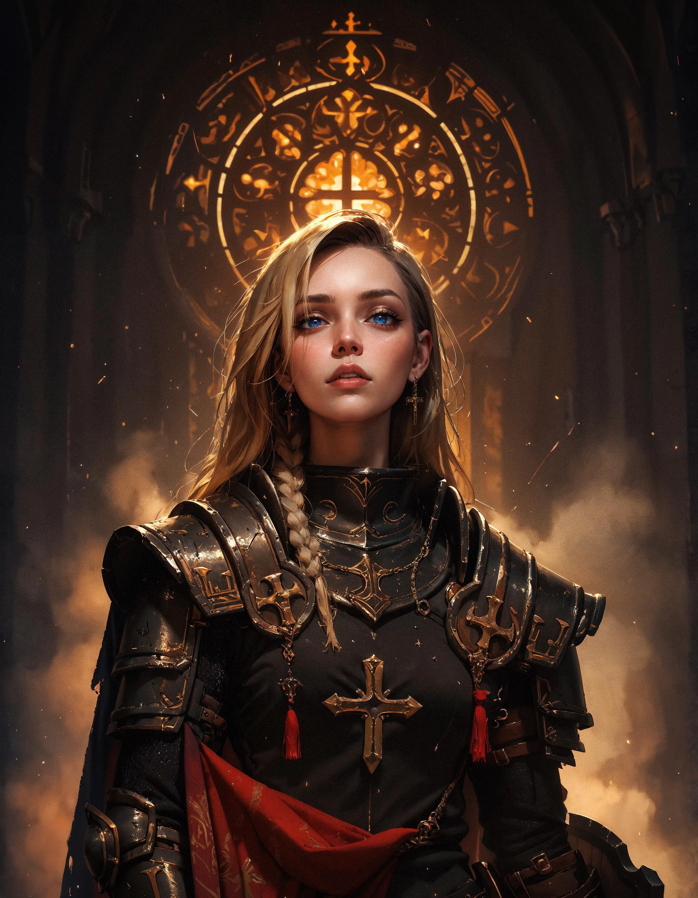 score_9, score_8_up, score_7_up, score_6_up, score_5_up, score_4_up, masterpiece, high quality, solo, crsadr, knight, pauldrons, full armor, long hair, gauntlets, shield, pelvic curtain, faulds, holding weapon, flail, braid, side cut, magic, holy light, golden sorcery, upper body, in a church