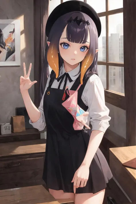 ninomae ina'nis, <lora:ina:1>,ina_beret, tentacle hair, pinafore dress by artgerm