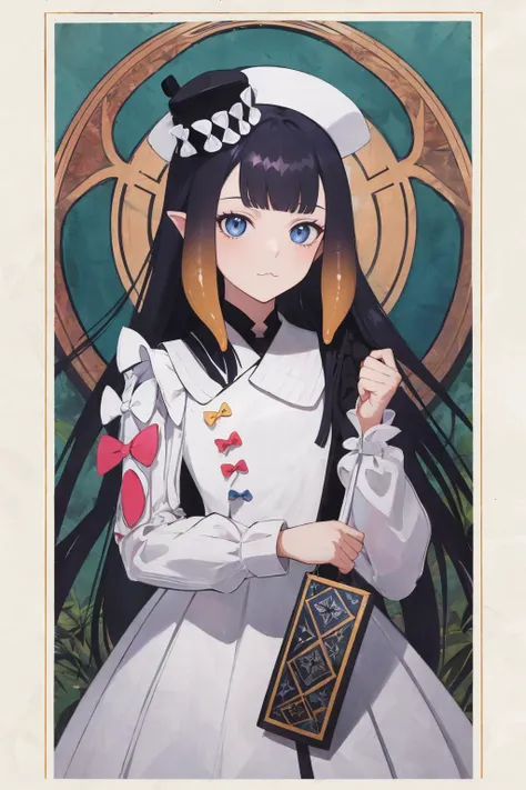 ninomae ina'nis, <lora:ina:1>,ina_white, tentacle hair, white dress, bow, mini hat, mismatched sleeves unknown race, face:2, face:3, artstation, Grim fantasy, EOS R5, f/2.5, illustration, concept art, award winning photograph, 8k, Alphonse Mucha style, No Background, nobody