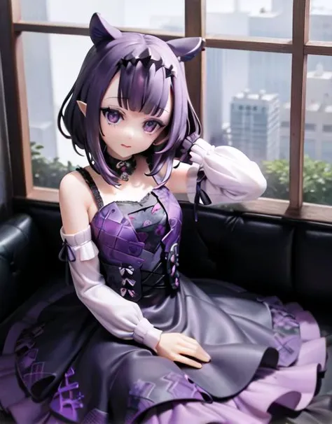 inanis, smolder, gothic, black eyeliner, purple eye shadow, purple mini dress, long bangs, short hair, ambient lighting, moody tone, gothgal <lora:ninomaeInanisHololive_v2:1> <lora:GothGal:1>