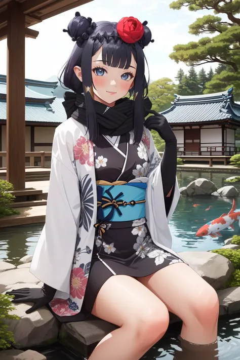 (masterpiece, best quality), intricate details,
1girl,<lora:ninomae ina'nis 5 outfits:0.8> small breasts, inanewyears, haori, print kimono, black scarf, double bun, hair flower,
smug, blushing, sitting, koi pond, japanese garden, rocks, japanese temple, outdoors,