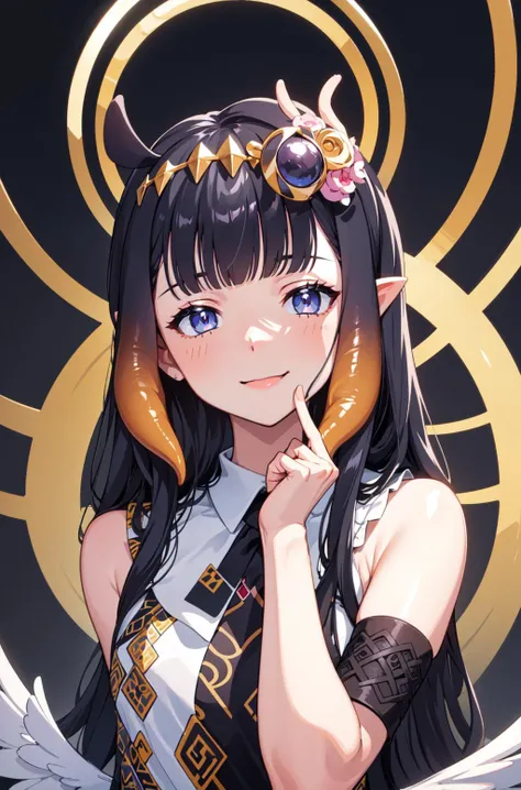 (masterpiece:1.2, best quality), (finely detailed beautiful eyes: 1.2), (extremely detailed CG unity 8k wallpaper, masterpiece, best quality, ultra-detailed, best shadow), 1girl, black hair, long hair, ina_priestess, tentacle hair, smile, mini wings, halo, <lora:ina-03:0.8>