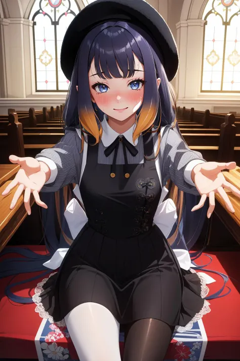 (masterpiece, best quality), intricate details,
1girl,<lora:ninomae ina'nis 5 outfits:0.8> small breasts,inapainter, pinafore dress, beret, pantyhose, inacolorful, multicolored clothes, mini hat,
indoors, bedroom, shrugging, sweating, boob sweat,
smug, blushing, wedding, indoors, church, happy,