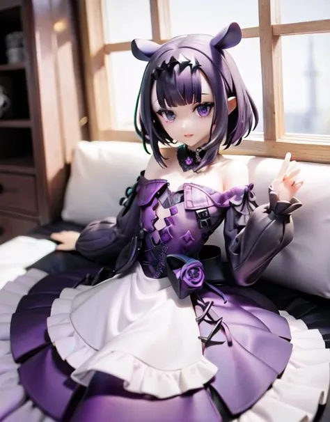 inanis, gothic, black eyeliner, purple eye shadow, purple mini dress, long bangs, short hair, ambient lighting, moody tone, gothgal <lora:ninomaeInanisHololive_v2:1> <lora:GothGal:1>