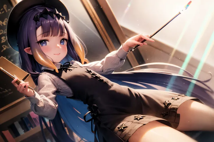 light particles,Rembrandt lighting, colorful refraction, lens flare, bloom, chromatic aberration, light diffusion,physically-based rendering, bright, vibrant, intricate, particles, light rays, deep meaning,
2d, masterpiece, best quality, anime, highly detailed face, highly detailed eyes, highly detailed background, perfect lighting, full body, 1girl, solo, ina_beret, tentacle hair, pinafore dress, ribbon, workshop, holding paintbrush, painting \(object\), smile <lora:ina-03:1.1>,