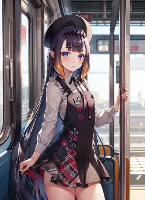 ((best quality)), ((highly detailed)), masterpiece, absurdres, (detailed eyes, deep eyes), (1girl), cowboy shot, <lora:Ninomae_Ina'nis:1>, ninomae ina'nis, ((tentacles)), ina_beret, tentacle hair, pinafore dress, (in a train station, dawn)