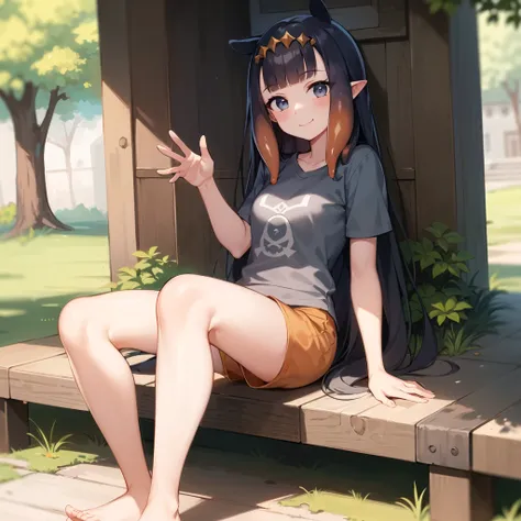 2d, masterpiece, best quality, anime, highly detailed face, highly detailed eyes, highly detailed background, perfect lighting, full body, 1girl, solo, feet out of frame, outdoors, smile, waving, ninomae ina'nis, tentacle hair, blunt bangs, grey t-shirt, orange shorts <lora:ina:0.7>