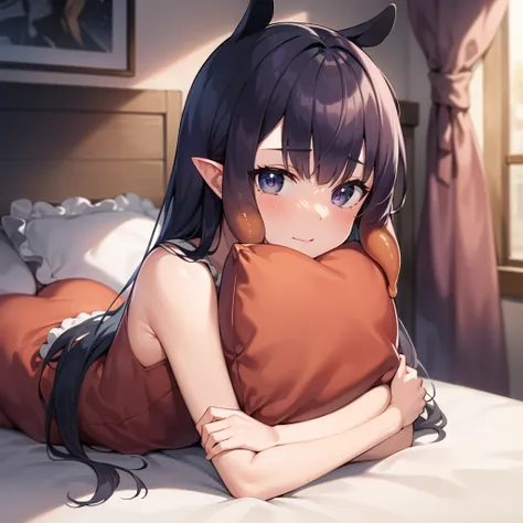 2d, masterpiece, best quality, anime, highly detailed face, highly detailed eyes, highly detailed background, perfect lighting, full body, 1girl, solo, on bed, lying, object hug, pillow, covered mouth, blush, ninomae ina'nis, tentacle hair, orange pajamas <lora:ina:0.7>