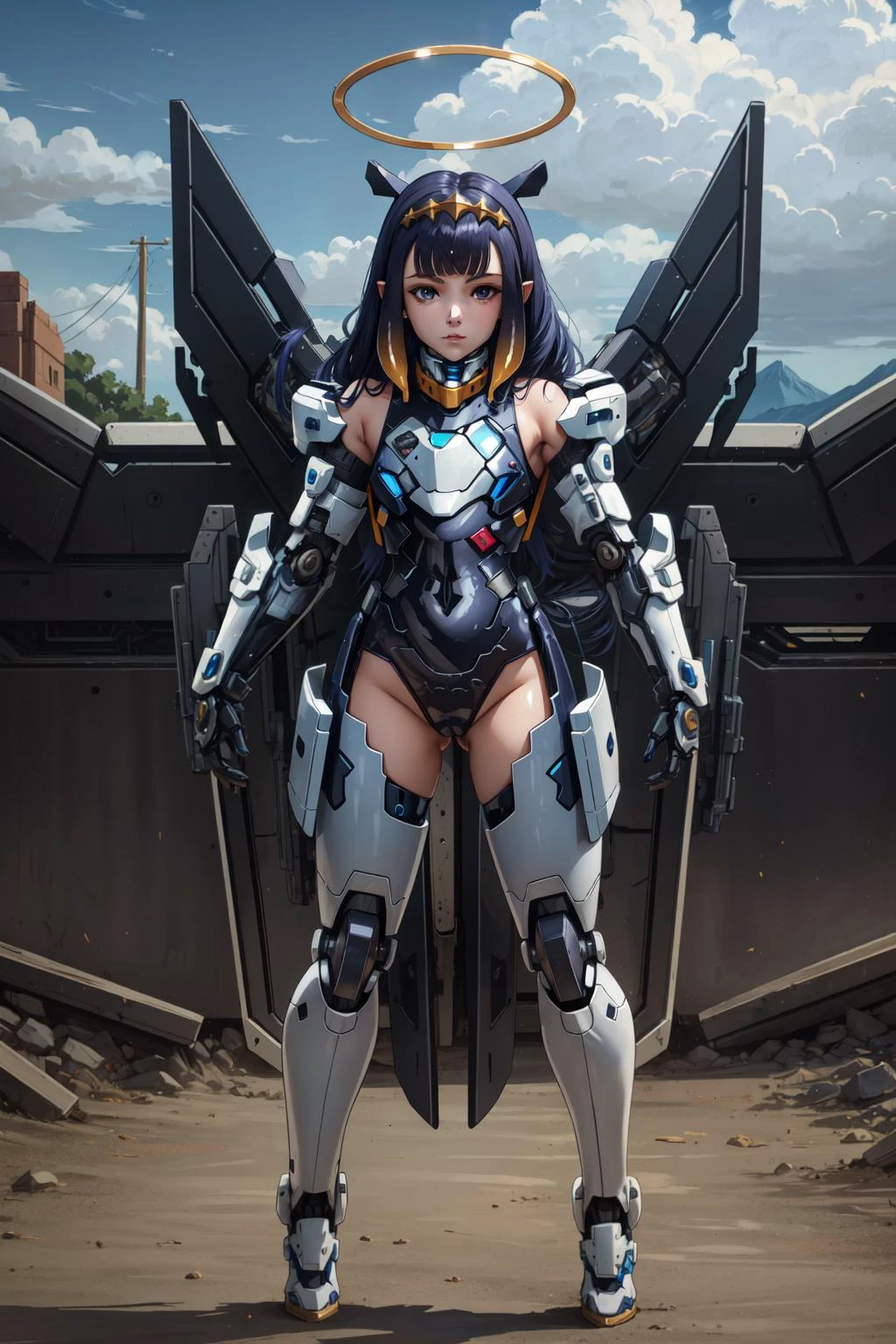 (masterpiece, best quality), intricate details,
1girl, solo, <lora:ninomaeInanisHololive_v2:0.8> ninomae ina'nis, tentacle hair, miniwings, halo, single thighhigh, detached single sleeve, gloves,
<lora:mecha_offset:0.8> mecha musume, robot, gundam, mecha, bodysuit, fortified suit, mechanical parts, robot joints, headgear, full armor,