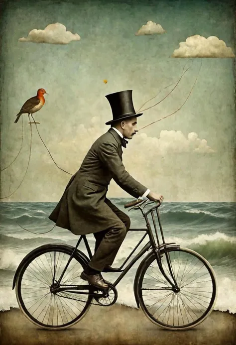 Neo Surrealism, by Gabriel Pacheco and Max Ernst, , magical realism bizarre art, pop surrealism, like Alice in wonderland, whimsical art. Generate an illustration of a painting of a man with hat riding an old fashioned bicycle on the waves, inspired by Catrin Welz-Stein.
