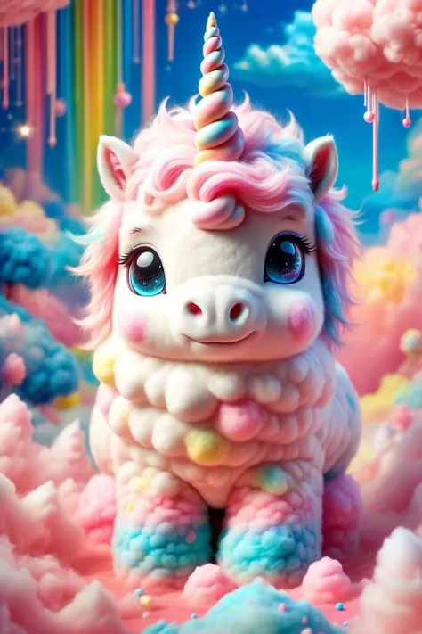 <lora:SDXLCottonCandy>,cottoncandy,
In a whimsical candy kingdom,there stands a unicorn crafted from marshmallows,exuding childlike wonder and an air of mystery. Its body is as white and fluffy as a cloud,embodying the spirit of a playful sprite emerging from sweet dreams,
Its head features a radiant rainbow candy gem that forms the iconic horn,shining with seven-colored brilliance,seemingly illuminating every innocent aspiration. The eyes are crafted from translucent hard candies,filled with tender yet inquisitive expressions,
The mane consists of multi-hued strands of marshmallow fluff,each one dazzling like a rainbow,swaying gently in the breeze,whispering enchanting tales. Its tail resembles a billowy marshmallow cloud,soft and dreamy; when it gallops joyfully,it leaves behind a trail of vibrant marshmallow magic,
Its hooves resemble those cast from creamy white chocolate,solid yet sweet,firmly planted on the ground made of colorful candies. This marshmallow unicorn stands tall,serving as both a tangible representation of children's naive fantasies and a mystical presence brimming with magical allure within the fairy tale world,
UHD,Extreme detail,natural light,volume light,fantasism,professional color,professional composition,