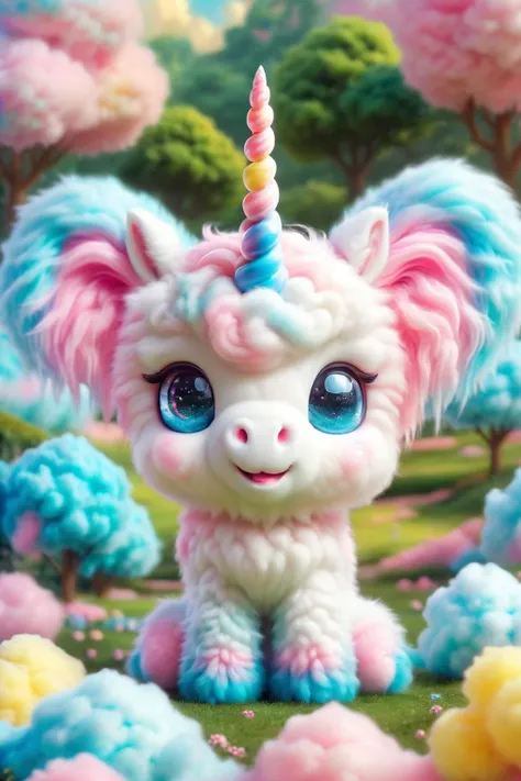 <lora:SDXLCottonCandy:1.2>,cottoncandy,
In a whimsical candy kingdom,there stands a unicorn crafted from marshmallows,exuding childlike wonder and an air of mystery. Its body is as white and fluffy as a cloud,embodying the spirit of a playful sprite emerging from sweet dreams,
Its head features a radiant rainbow candy gem that forms the iconic horn,shining with seven-colored brilliance,seemingly illuminating every innocent aspiration. The eyes are crafted from translucent hard candies,filled with tender yet inquisitive expressions,
The mane consists of multi-hued strands of marshmallow fluff,each one dazzling like a rainbow,swaying gently in the breeze,whispering enchanting tales. Its tail resembles a billowy marshmallow cloud,soft and dreamy; when it gallops joyfully,it leaves behind a trail of vibrant marshmallow magic,
Its hooves resemble those cast from creamy white chocolate,solid yet sweet,firmly planted on the ground made of colorful candies. This marshmallow unicorn stands tall,serving as both a tangible representation of children's naive fantasies and a mystical presence brimming with magical allure within the fairy tale world,
UHD,Extreme detail,natural light,volume light,fantasism,professional color,professional composition,