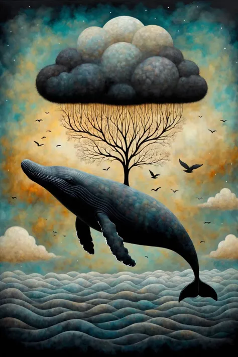Magic,Fantasy,Abstract,Surreal,Animals,Creatures,
A whale sprang up in the clouds,Meticulous painting,by Andy Kehoe,