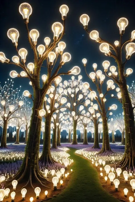 <lora:ral-lgtblb:1>,ral-lgtblb,
In a dreamlike fairy tale world,there exists an extraordinary plant community: Majestic "bulb trees" tower high,their trunks and branches adorned with twinkling,luminous bulbs; clusters of "bulb shrubs" grow in an irregular pattern,their leaves akin to stars that illuminate the night. Meanwhile,the ground is carpeted with "bulb flowers",whose pistils are composed of radiant bulbs,blooming with resplendent colors under the veil of night. This magical kingdom of plants exudes an enchanting aura,as if it's a dreamland woven from light and dreams themselves,