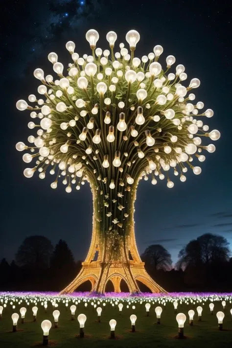 <lora:ral-lgtblb:0.5>,ral-lgtblb,
In a dreamlike fairy tale world,there exists an extraordinary plant community: Majestic "bulb trees" tower high,their trunks and branches adorned with twinkling,luminous bulbs; clusters of "bulb shrubs" grow in an irregular pattern,their leaves akin to stars that illuminate the night. Meanwhile,the ground is carpeted with "bulb flowers",whose pistils are composed of radiant bulbs,blooming with resplendent colors under the veil of night. This magical kingdom of plants exudes an enchanting aura,as if it's a dreamland woven from light and dreams themselves,