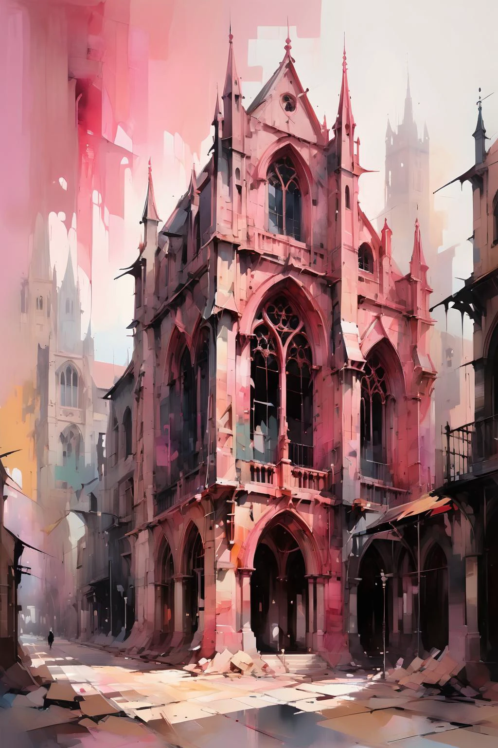 Soft pink tones,the outline of a Gothic building,through the use of color and the outline of shapes,abstract expressionism,the use of large pieces of color and brush strokes to express the form of the building,emphasizing the expression of emotions and emotions,the understanding of architectural form and space,feeling the atmosphere conveyed by color and shape,<lora:oil_and_watercolor_painting:0.6>, oil and watercolor painting,