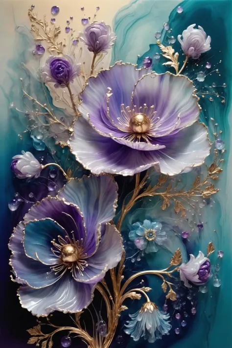 A bunch of blooming flowers,the petals show different shades of blue and purple,the center is embellished with gold texture,sparkling,elegant and unique,gently swaying,mysterious and charming,realistic and abstract art,details,very realistic,beautiful and vital,dreamlike and surreal,delicate brush strokes and rich colors,beauty and mystery,unimaginable beauty,Ornate And Intricate,transparent,translucent,Agate material,jade material,BY Anne Bachelier,