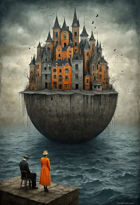 Neo Surrealism, overwhelmed by reason, by Gabriel Pacheco and Max Ernst, existential residues dark shines surrealism, deep blue, gray and orange color scheme, fantasy Victorian art, magical realism bizarre art, pop surrealism, like Alice in wonderland, whimsical art. Climate Change Apocalypse: A submerged cityscape, partially submerged under rising tides, with skyscrapers half-drowned and choked by encroaching waters.