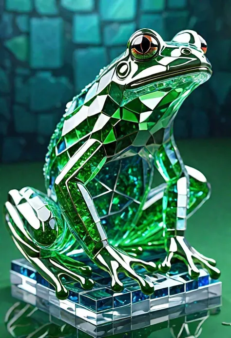 statue made of glowing crystal tiles,frog made completely of tiles, scifi, masterpiece, 3d tiles, 3d shadows, green and silver crystal, blue and green background , (masterpiece:1.2), best quality, (hyperdetailed, highest detailed:1.2), high resolution textures, shards, glass, brocken glass, transparent glass, pieces of glass, Made_of_pieces_broken_glass