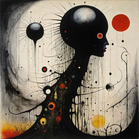 Machine virus and the inverted womb, Joan Miro and Kay Nielsen and Stephen Gammell deliver a dark abstract artistic surreal masterpiece, sharp colors, sinister, creepy, splash art, beauty dark shine, anti-binary, by Ralph Steadman