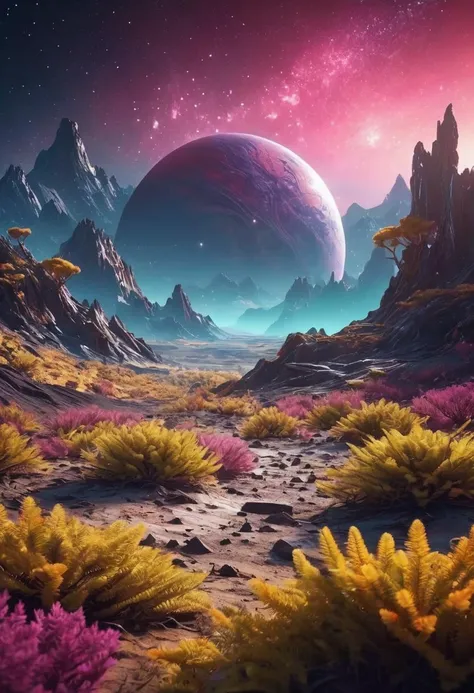 landscpae of the surface from a alien planet, mountains in the background, glowing alien luminescent little plants, sci fi, fantasy, space art, galaxy background, fluorescence in the grass, shotting stars, dynamic angle, intricate details, film grain, accent lighting, soft volumetric light, shallow depth of field, cinemagraph,