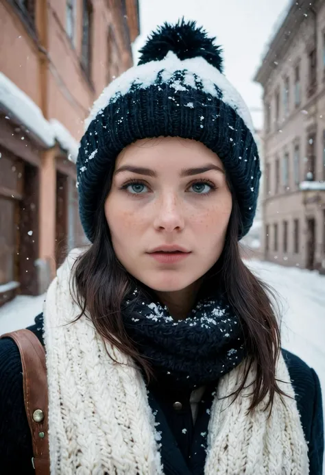 8k RAW,
On the winter streets of Leningrad, a beautiful raven haired 26yo girl peeks out beneath her knitted hat at a world filled with a swirling flurry of snow. Her pale skin bears a faint
few freckles, her brown eyes stare into the camera. She sees more than we can imagine,
<lora:RMSDXL_Enhance:1>,
<lora:add-detail-xl:0.8>,
<lora:RMSDXL_Darkness_Cinema:1>