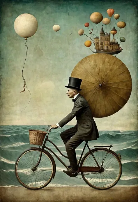 Neo Surrealism, by Gabriel Pacheco and Max Ernst, , magical realism bizarre art, pop surrealism, like Alice in wonderland, whimsical art. Generate an illustration of a painting of a man with hat riding an old fashioned bicycle on the waves, inspired by Catrin Welz-Stein.