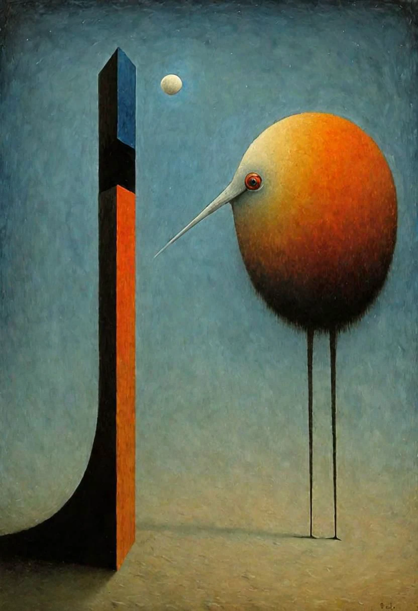 Style by Pawel Kuczynski and Joan Miro and Graham Sutherland, surreal abstract art, nightmare residue of dark shine, abstract shy ibis paradoxes, depth of field, red, orange and blue color palette, unsettling, asymmetric abstractions, expansive, surreal masterpiece, juxtaposition of the uncanny and the banal, sharp focus, smooth, never seen before